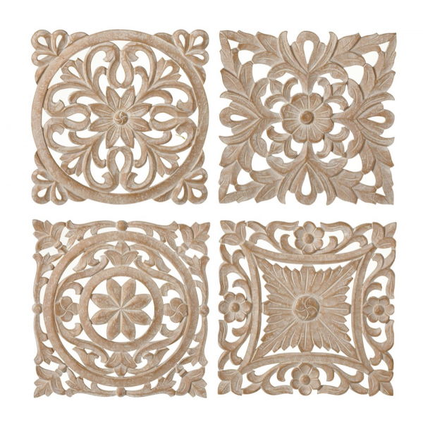 Small Natural Whitewash Carved Floral Wall Decor-1