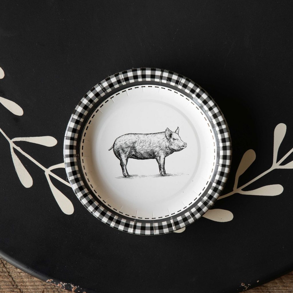 Black & White Pig Paper Salad & Dessert Plates, 7″, Package of 8