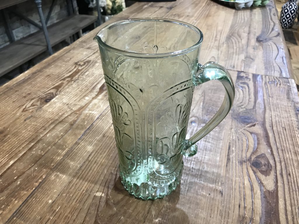 VINTAGE GREEN ETCHED FLORAL GLASS PITCHER