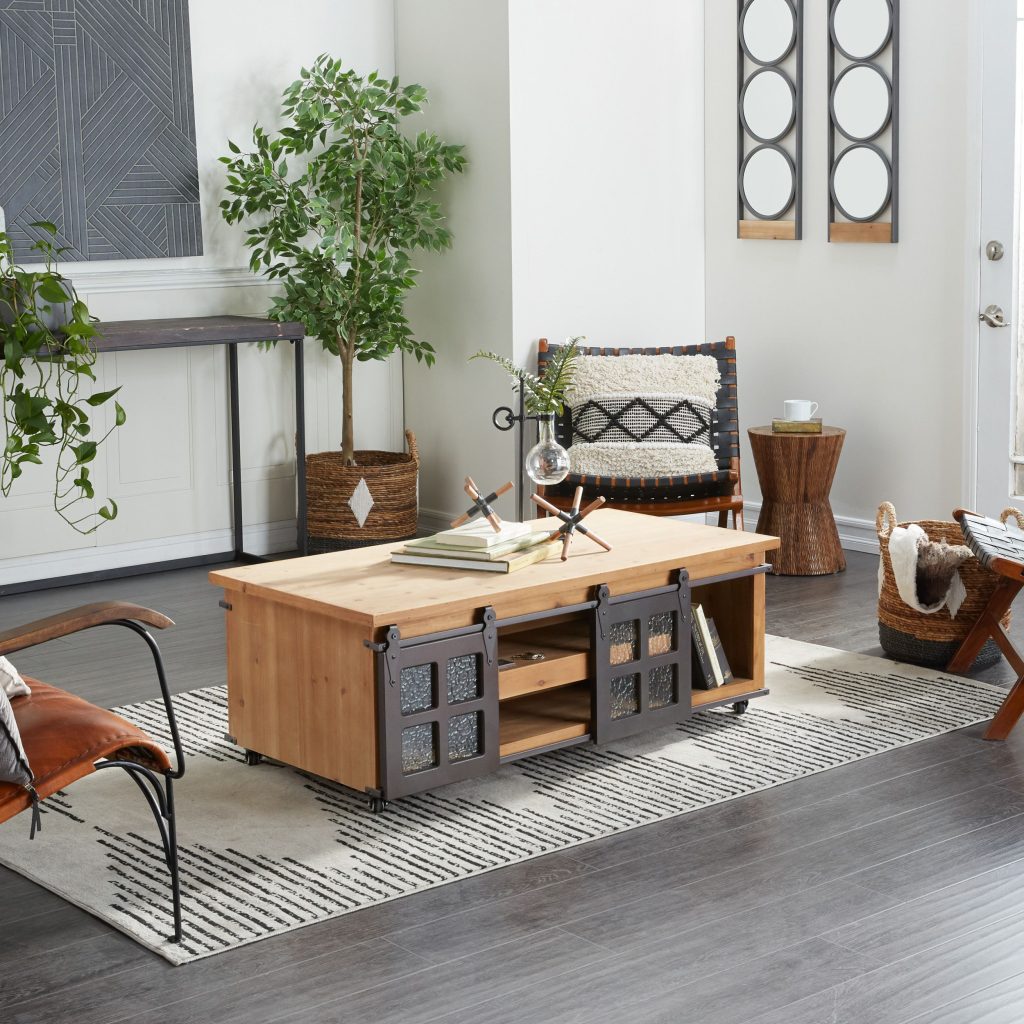 BROWN WOOD INDUSTRIAL COFFEE TABLE,