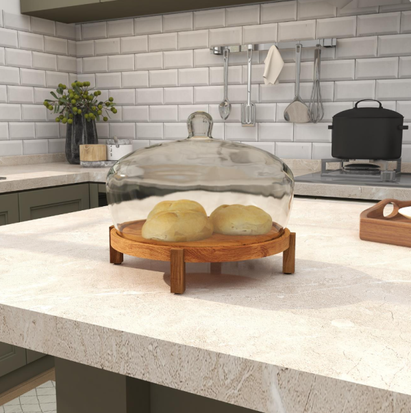 Wood Elevated Cake Stand with Glass Dome Cover