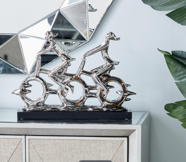 Silver People Sculpture with Bike,
