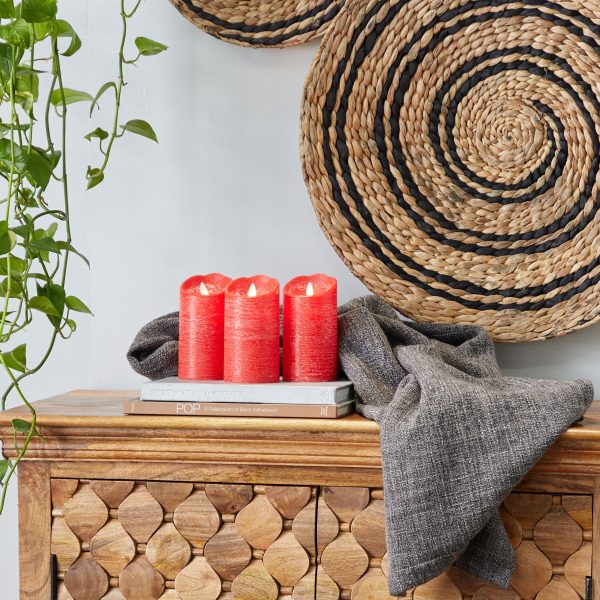ROUND RED FROSTED PILLAR FLAMELESS LED CANDLES WITH REMOTE, SET OF 3: